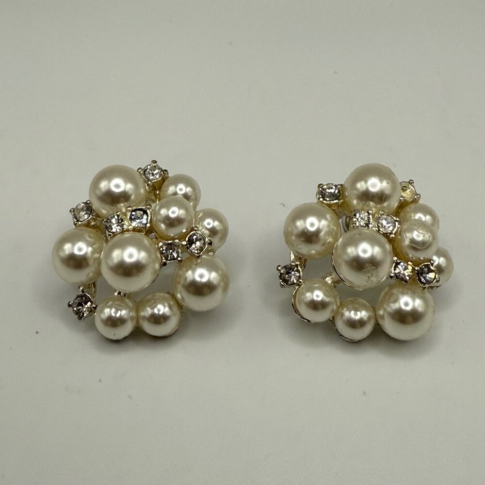 Silvertone Pearl Post Earrings with Sparkly Rhinestones